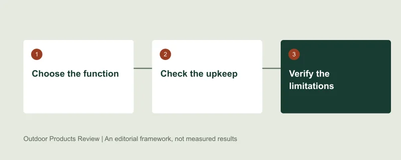 Selection framework: Choose the function, then Check the upkeep, then Verify the limitations. Original editorial diagram, not test data.