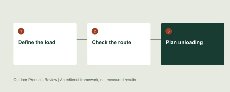 Selection framework: Define the load, then Check the route, then Plan unloading. Original editorial diagram, not test data.