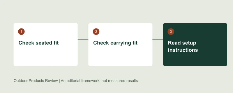 Selection framework: Check seated fit, then Check carrying fit, then Read setup instructions. Original editorial diagram, not test data.