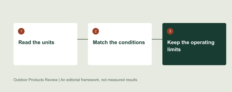 Selection framework: Read the units, then Match the conditions, then Keep the operating limits. Original editorial diagram, not test data.