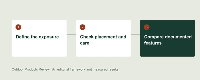 Selection framework: Define the exposure, then Check placement and care, then Compare documented features. Original editorial diagram, not test data.
