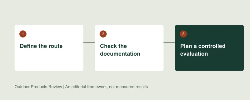 Selection framework: Define the route, then Check the documentation, then Plan a controlled evaluation. Original editorial diagram, not test data.